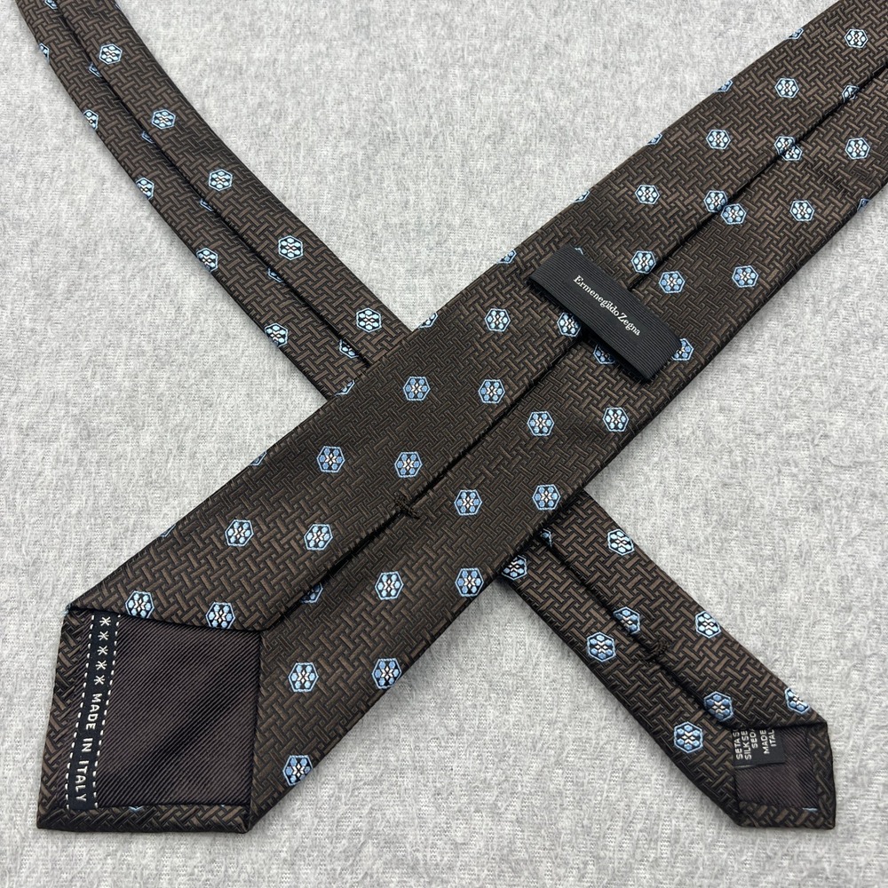 Ermenegildo Zegna 100% Silk Tie Brown Blue Geometric Luxury Woven Necktie Italy